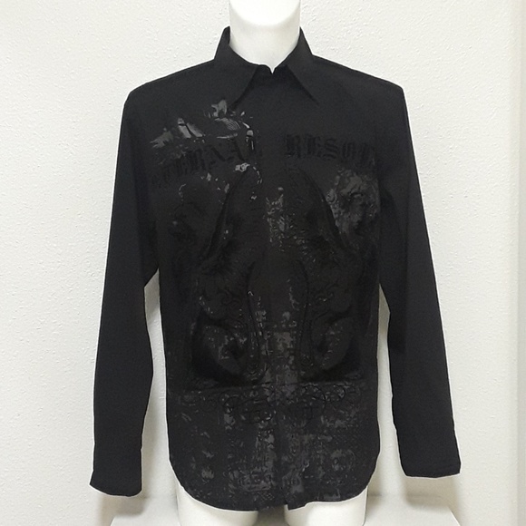 👹SOLD👹Roar Mens LG Velvet Spell Out Shirt Black - Picture 1 of 7
